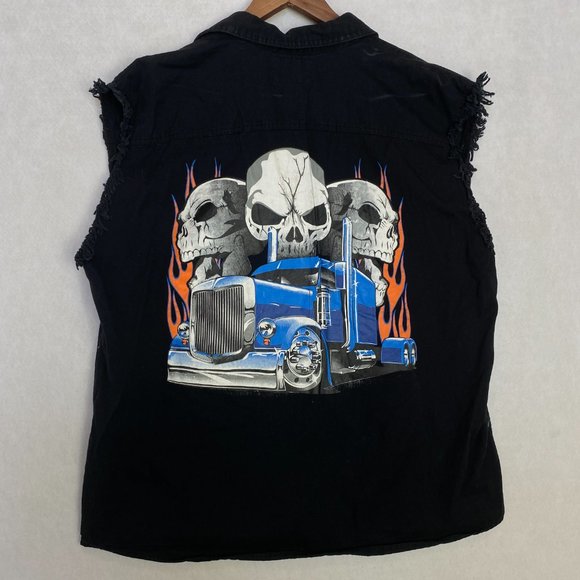 Skull Truckers Vest Mens 2XL Black Button Up Frayed Sleeve Eagle Truck Skulls - Picture 1 of 8